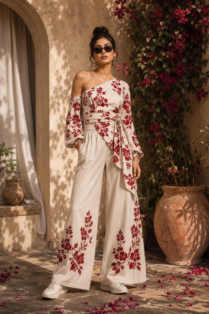 Arohi Crimson Wrap Co-ord in Ivory & Crimson
