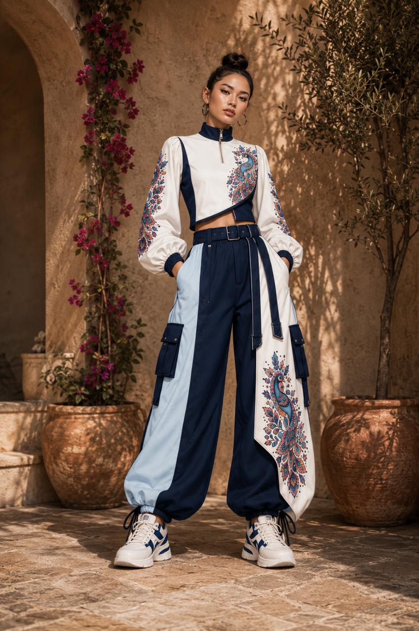 Mayura Peacock Cargo Co-ord in Ink Blue & Ivory