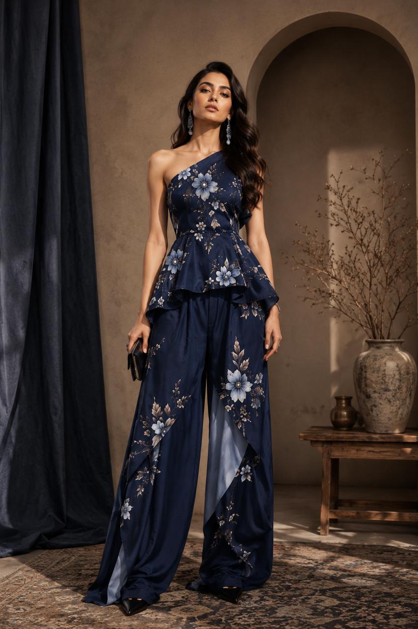 Neelambari Midnight Floral Co-ord in Midnight Navy
