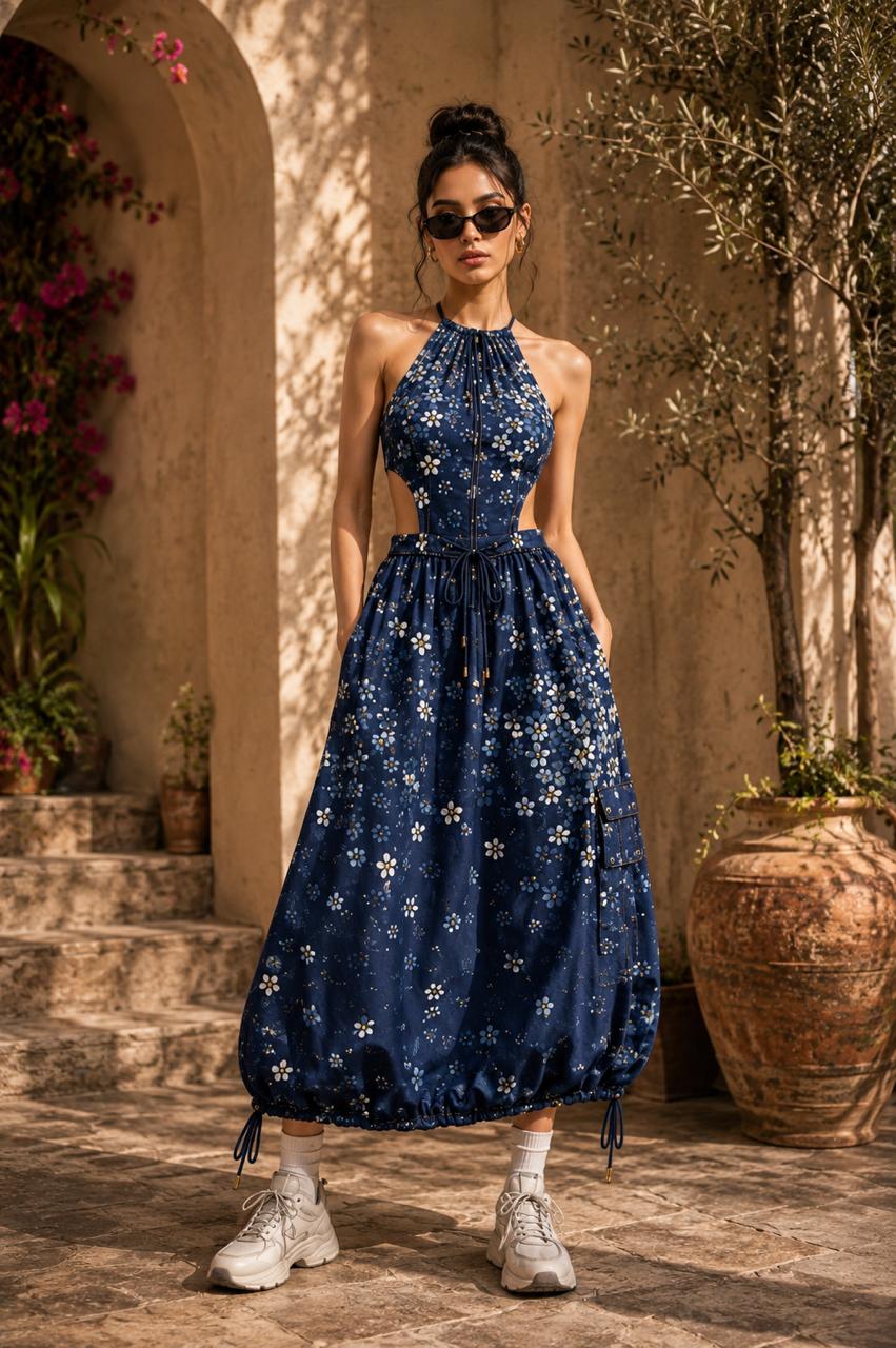 Raina Cut-Out Halter Dress in Night Garden