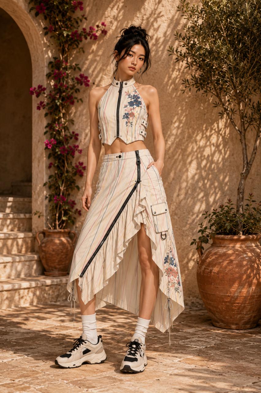 Reya Corset Utility Set in Ivory Pinstripe