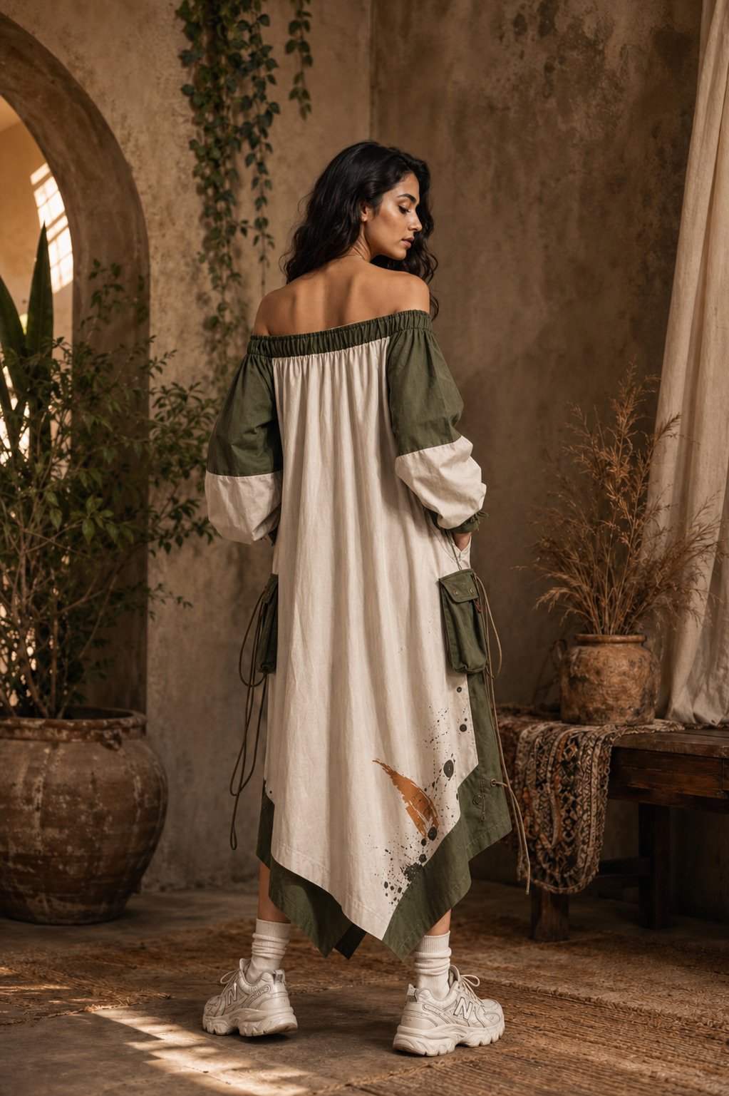 Aarika Utility Off-Shoulder Dress — Rear three-quarter visual reference