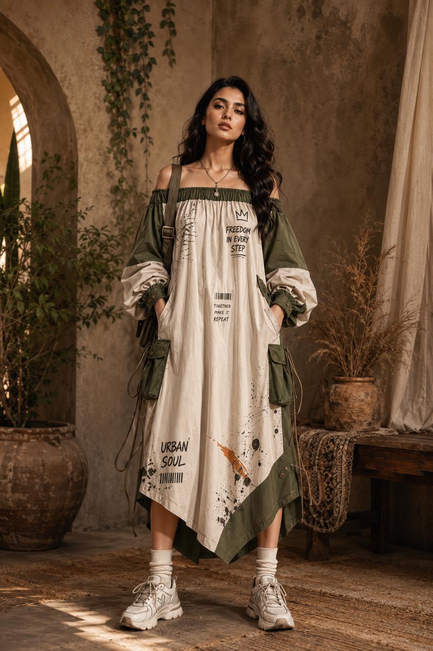 Olive and ivory off-shoulder graphic utility dress