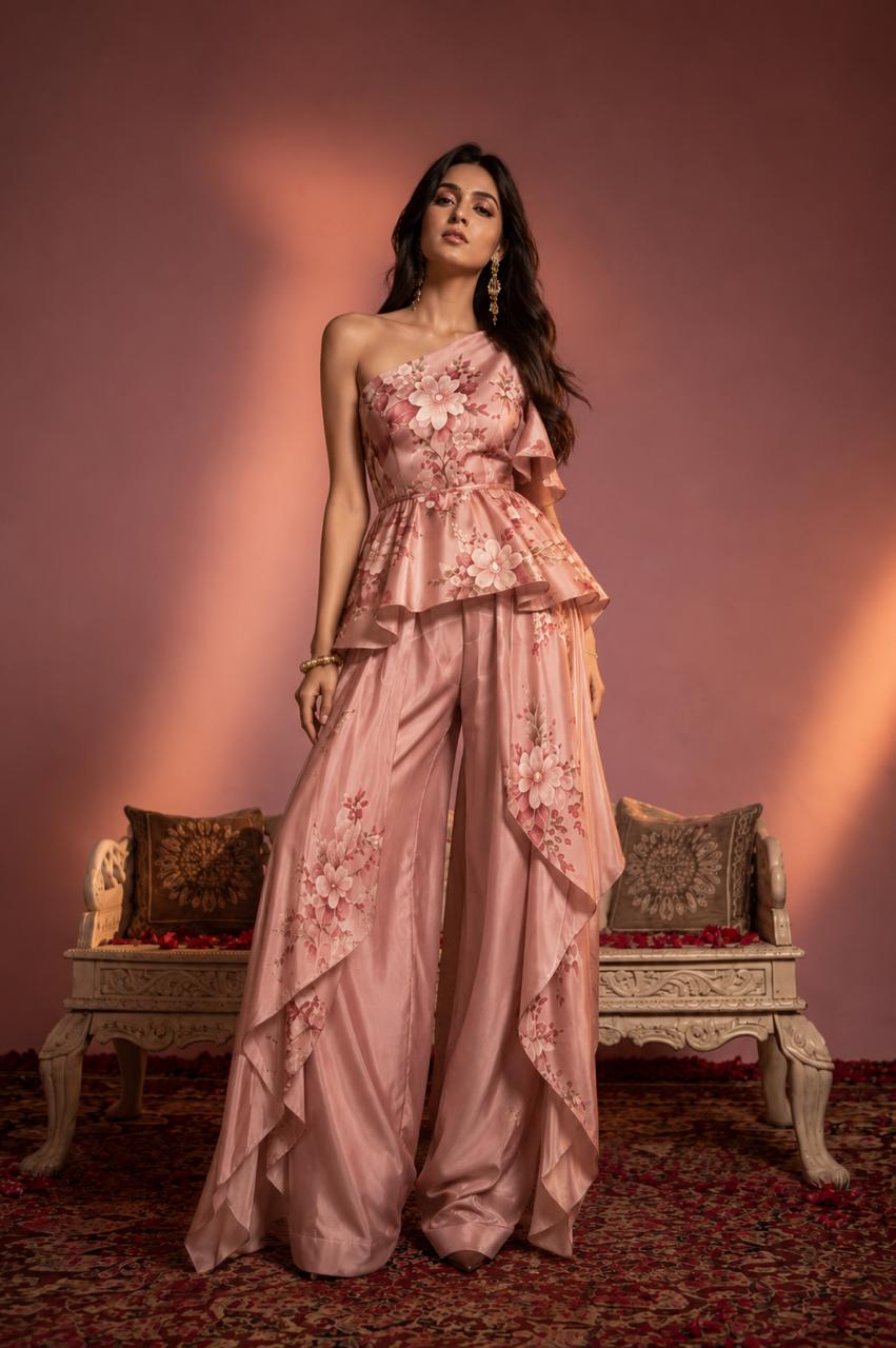 Blush pink floral one-shoulder peplum and draped trouser co-ord
