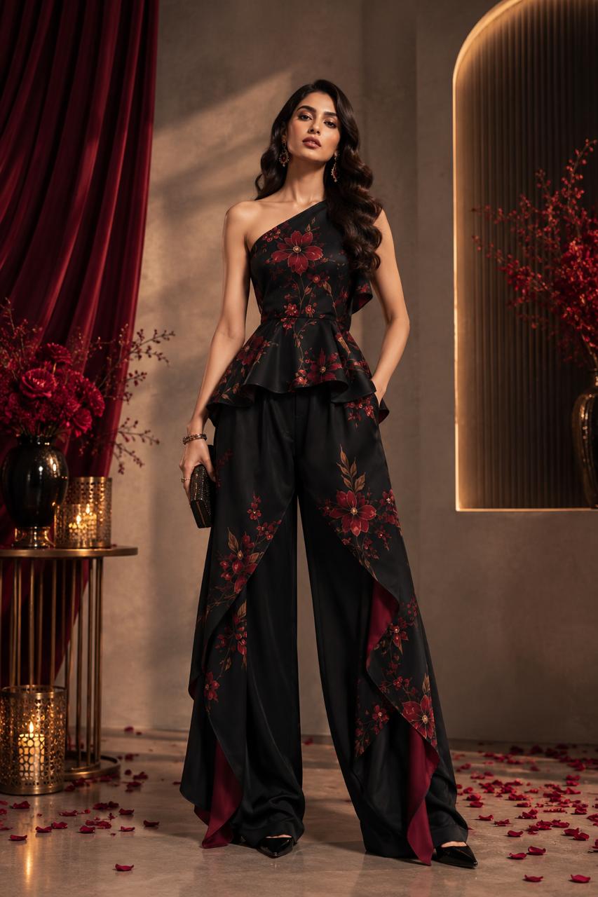 Indian model in the black and burgundy Gulnaar floral co-ord