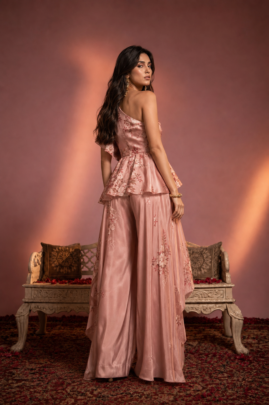 Gulnaar One-Shoulder Peplum Co-ord in Blush Pink & Rose — Rear three-quarter visual reference
