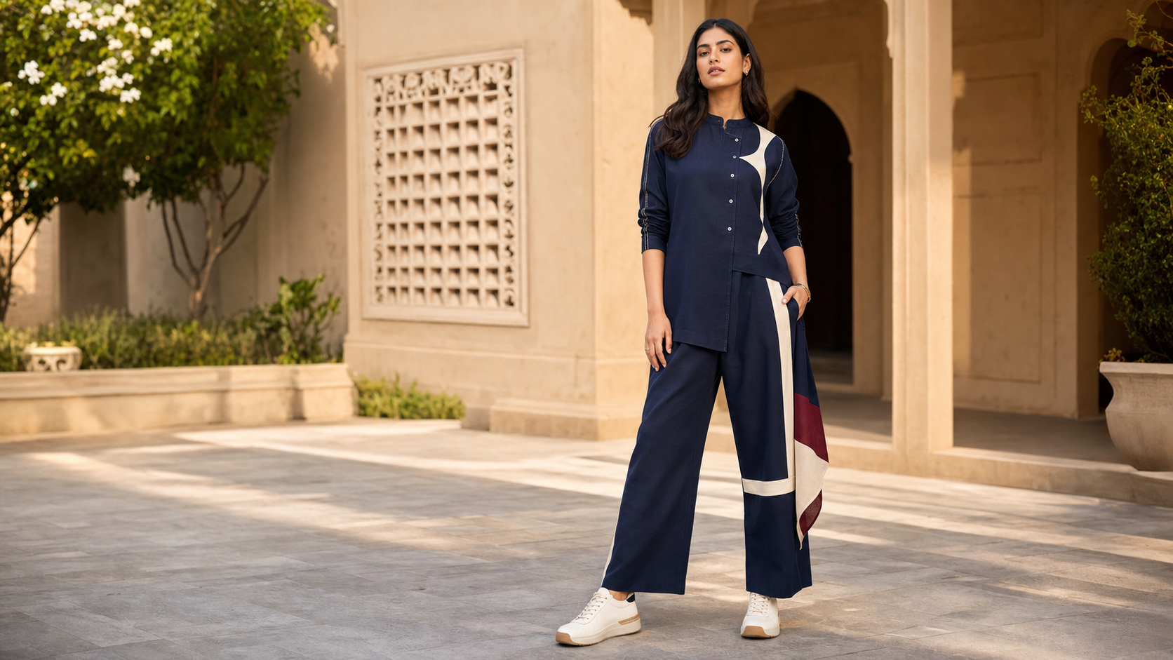 Indian woman wearing a modern navy Sidhita streetwear co-ord