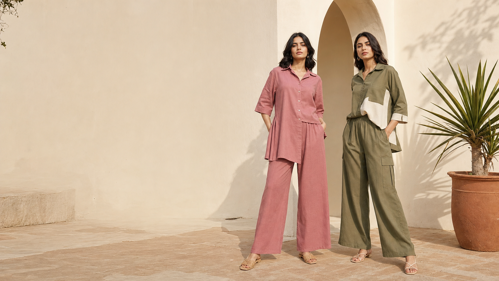 Two Indian women wearing rose and olive summer co-ord sets
