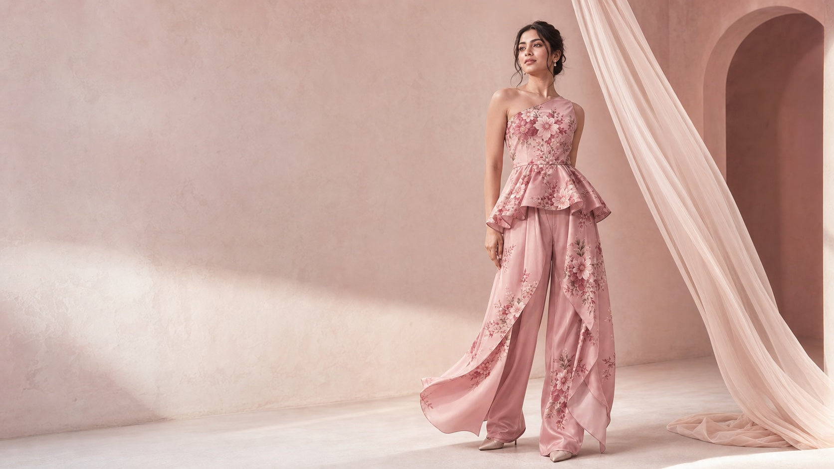 Indian model wearing the blush Gulnaar one-shoulder floral co-ord by Sidhita