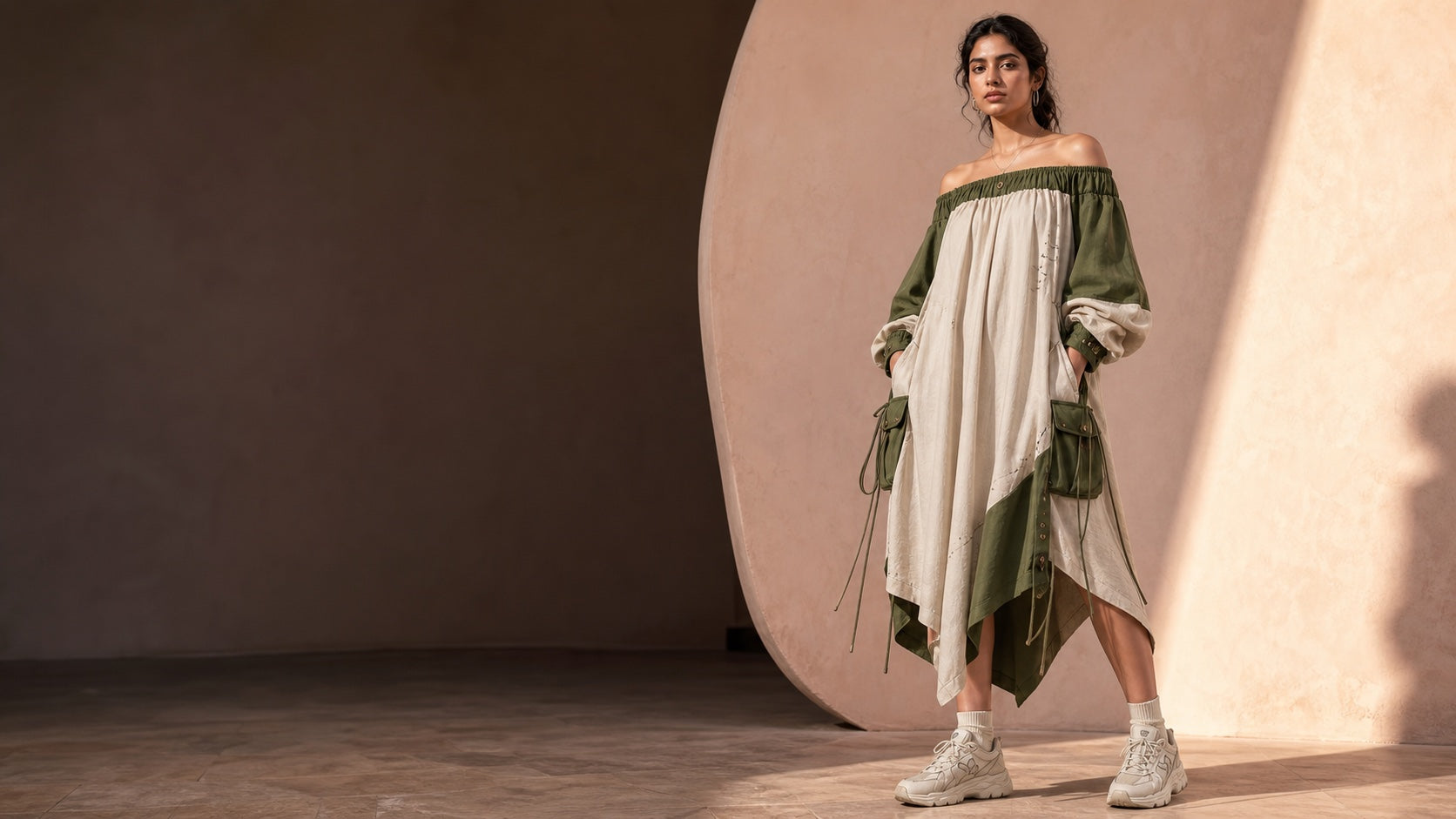 Indian model wearing Sidhita's olive and ivory Aarika utility dress