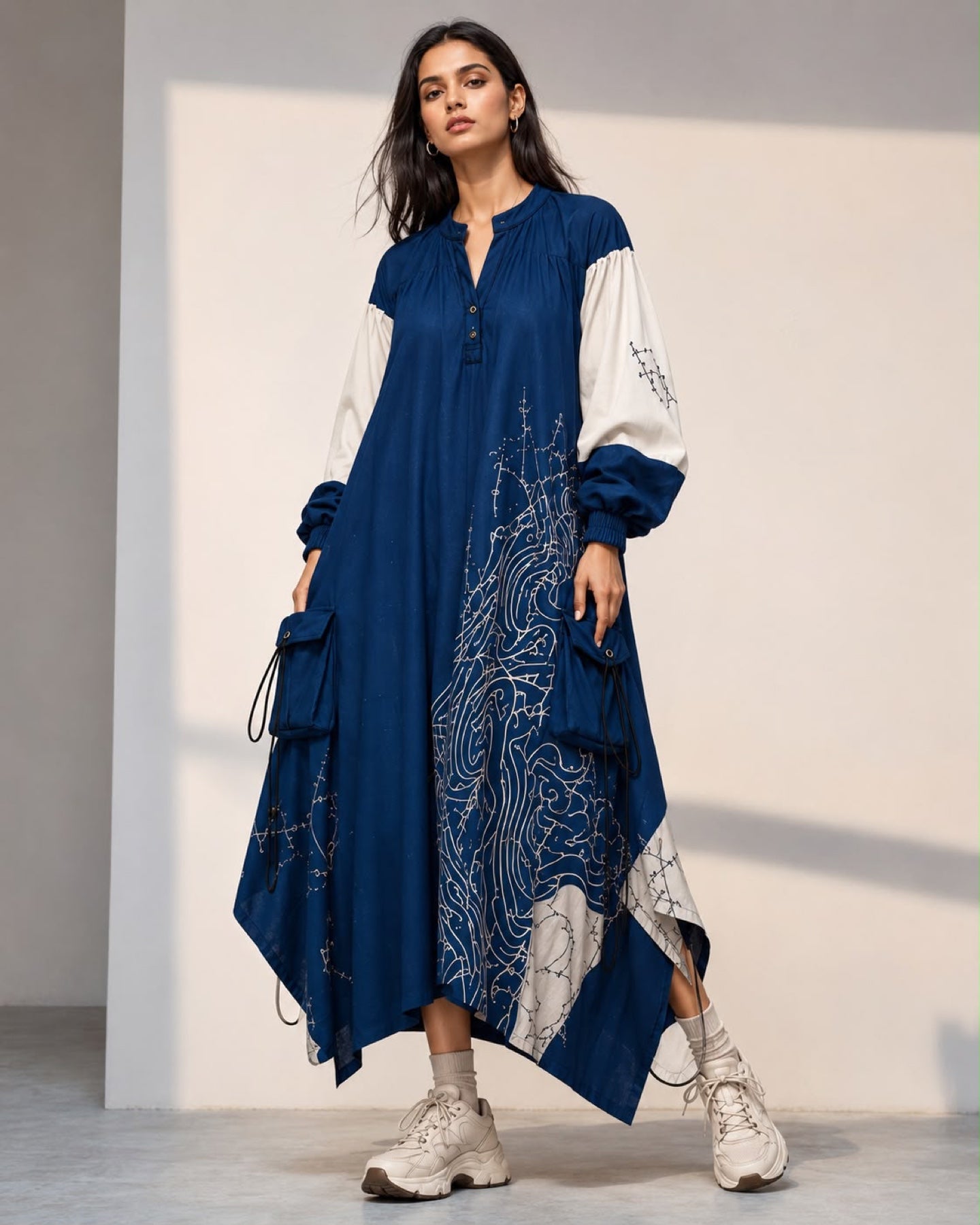 Vihana Inkline Utility Dress in ink blue and ivory